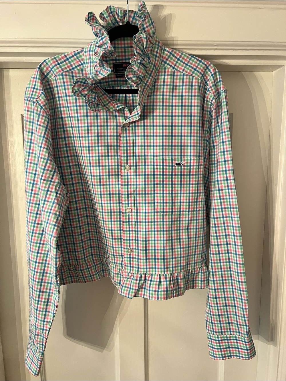 Upcycled Vineyard Vines Plaid Ruffle Button-Down Shirt